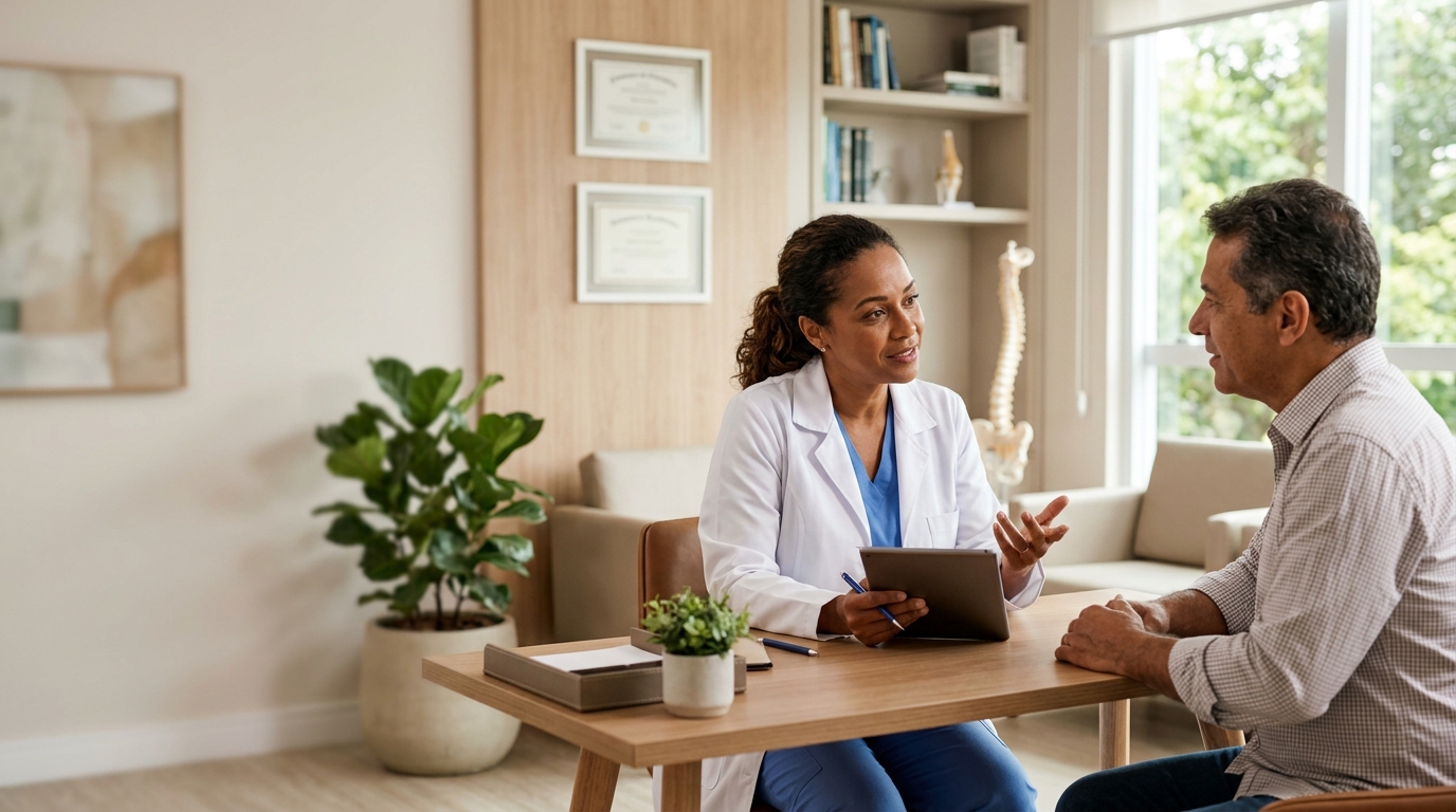 Médico atendendo paciente em consultório moderno do Plan Saúde